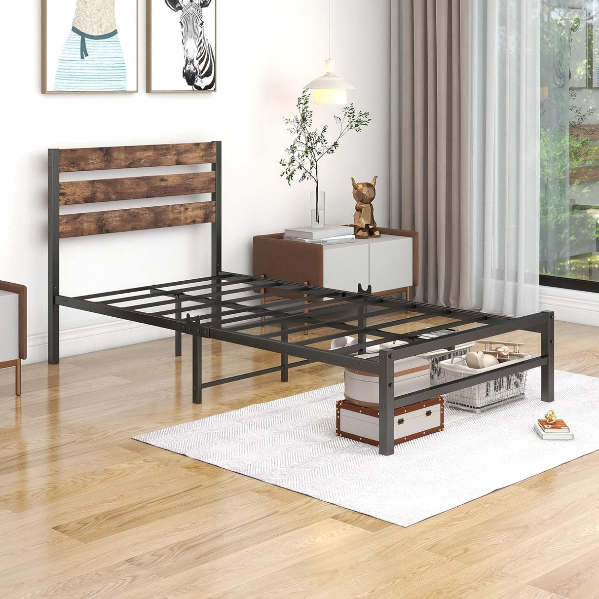 Industrial Queen/Full/Twin Size Platform Bed Frame with Wood Headboard, Strong Metal Slats No Box Spring Needed, Rustic Brown