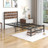 Industrial Queen/Full/Twin Size Platform Bed Frame with Wood Headboard, Strong Metal Slats No Box Spring Needed, Rustic Brown