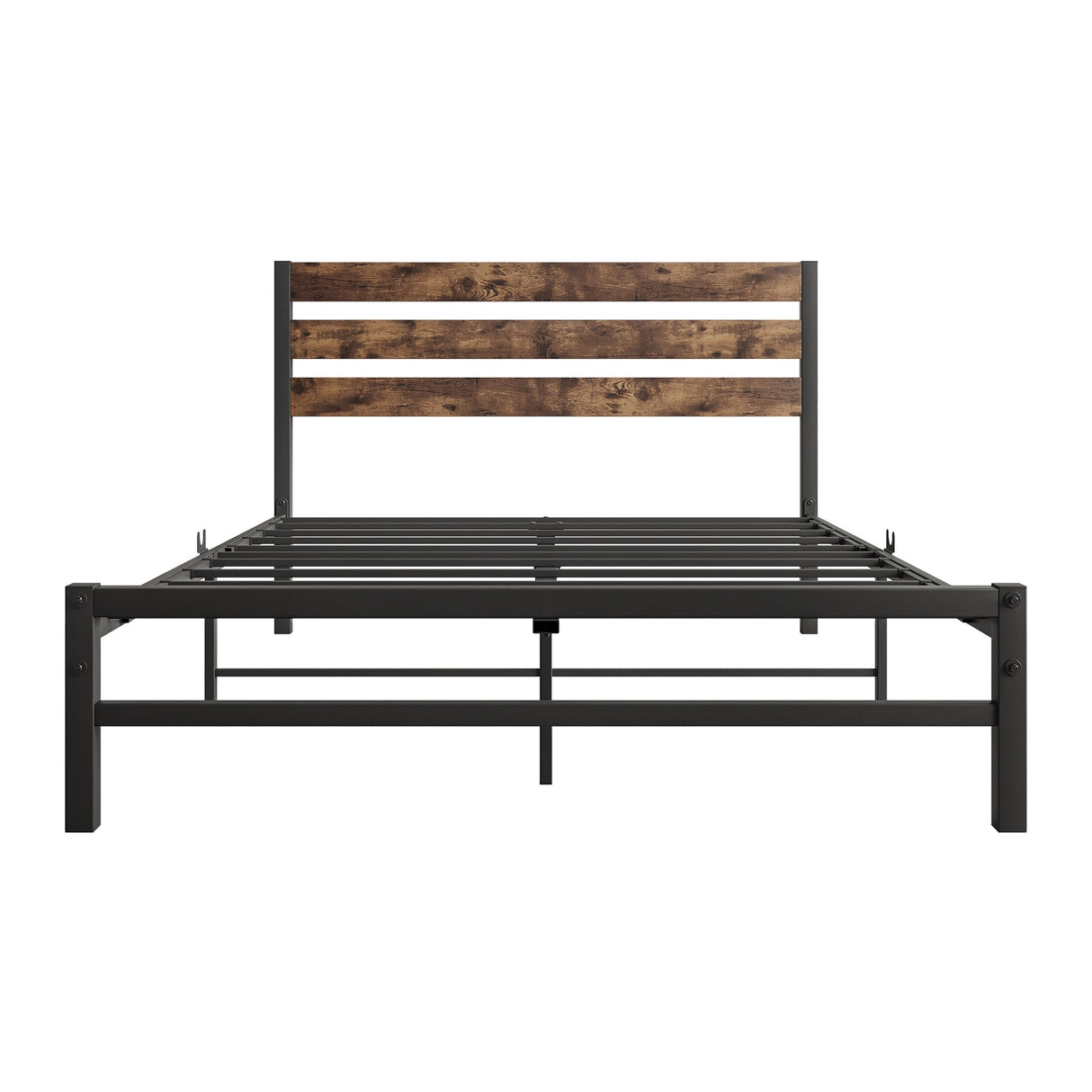 Industrial Queen/Full/Twin Size Platform Bed Frame with Wood Headboard, Strong Metal Slats No Box Spring Needed, Rustic Brown