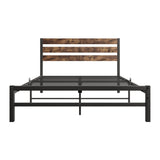 Industrial Queen/Full/Twin Size Platform Bed Frame with Wood Headboard, Strong Metal Slats No Box Spring Needed, Rustic Brown