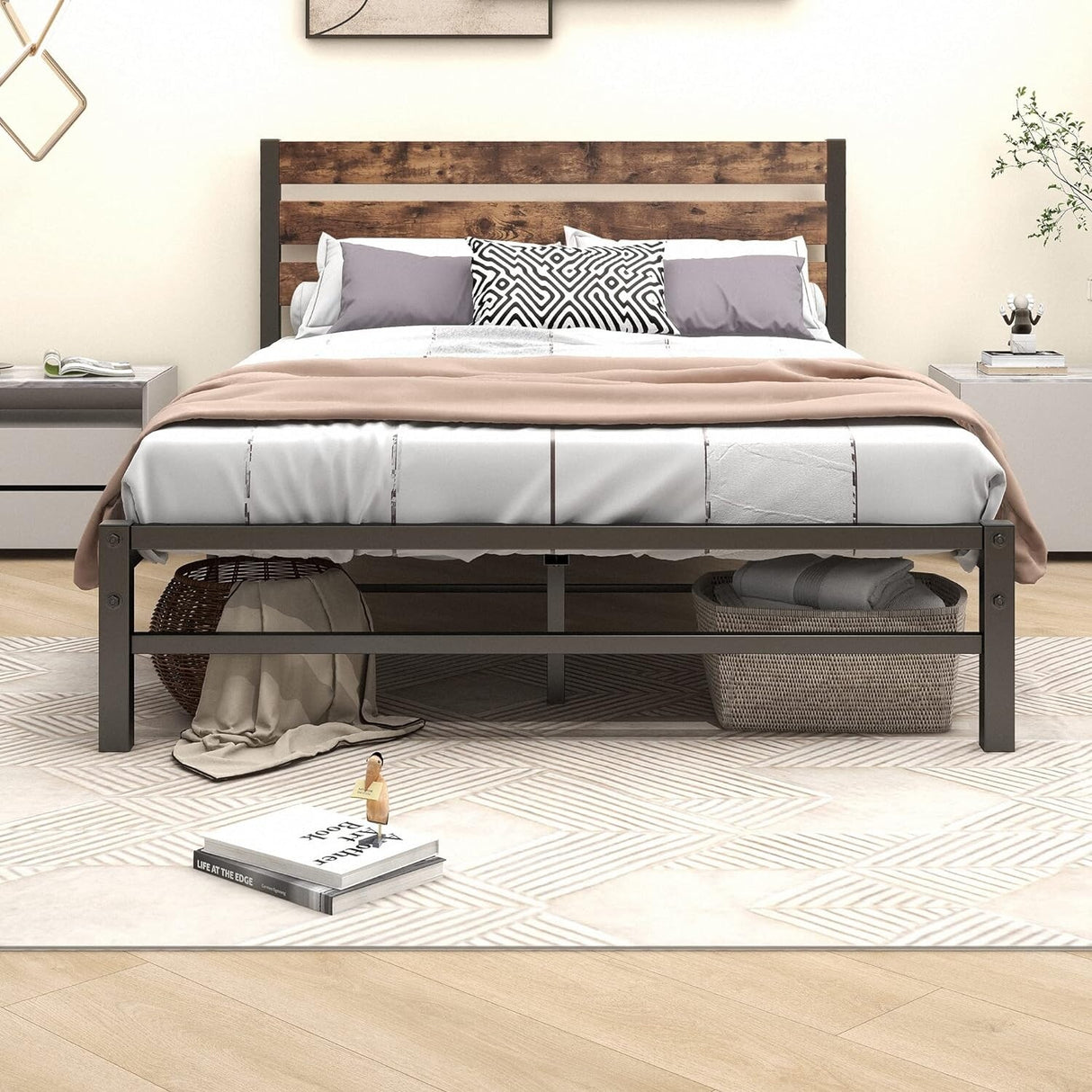 Industrial Queen/Full/Twin Size Platform Bed Frame with Wood Headboard, Strong Metal Slats No Box Spring Needed, Rustic Brown