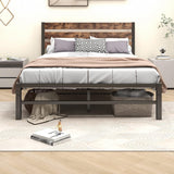 Industrial Queen/Full/Twin Size Platform Bed Frame with Wood Headboard, Strong Metal Slats No Box Spring Needed, Rustic Brown