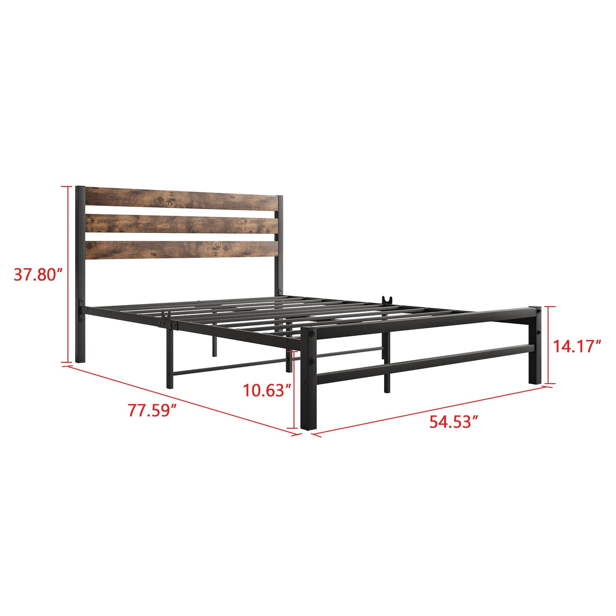 Industrial Queen/Full/Twin Size Platform Bed Frame with Wood Headboard, Strong Metal Slats No Box Spring Needed, Rustic Brown