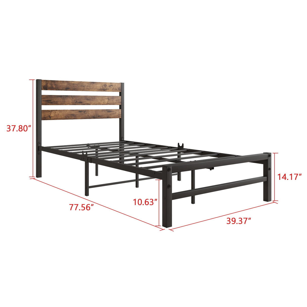 Industrial Queen/Full/Twin Size Platform Bed Frame with Wood Headboard, Strong Metal Slats No Box Spring Needed, Rustic Brown