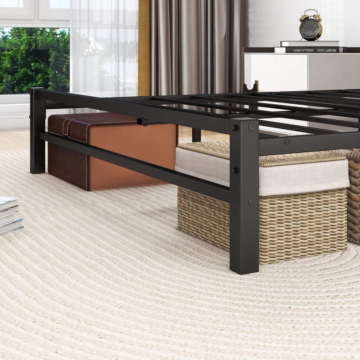 Industrial Queen/Full/Twin Size Platform Bed Frame with Wood Headboard, Strong Metal Slats No Box Spring Needed, Rustic Brown