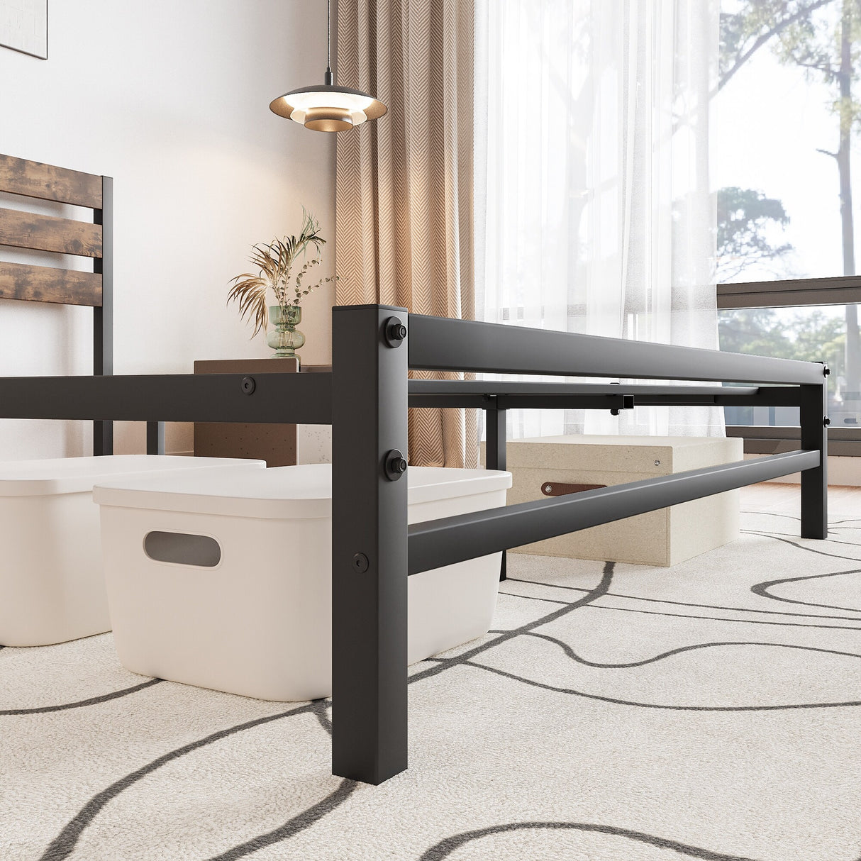 Industrial Queen/Full/Twin Size Platform Bed Frame with Wood Headboard, Strong Metal Slats No Box Spring Needed, Rustic Brown