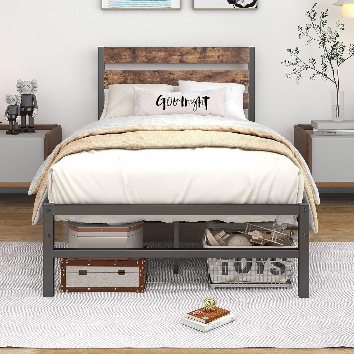 Industrial Queen/Full/Twin Size Platform Bed Frame with Wood Headboard, Strong Metal Slats No Box Spring Needed, Rustic Brown