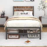 Industrial Queen/Full/Twin Size Platform Bed Frame with Wood Headboard, Strong Metal Slats No Box Spring Needed, Rustic Brown
