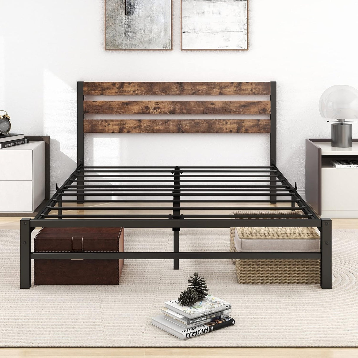 Industrial Queen/Full/Twin Size Platform Bed Frame with Wood Headboard, Strong Metal Slats No Box Spring Needed, Rustic Brown