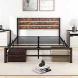 Industrial Queen/Full/Twin Size Platform Bed Frame with Wood Headboard, Strong Metal Slats No Box Spring Needed, Rustic Brown