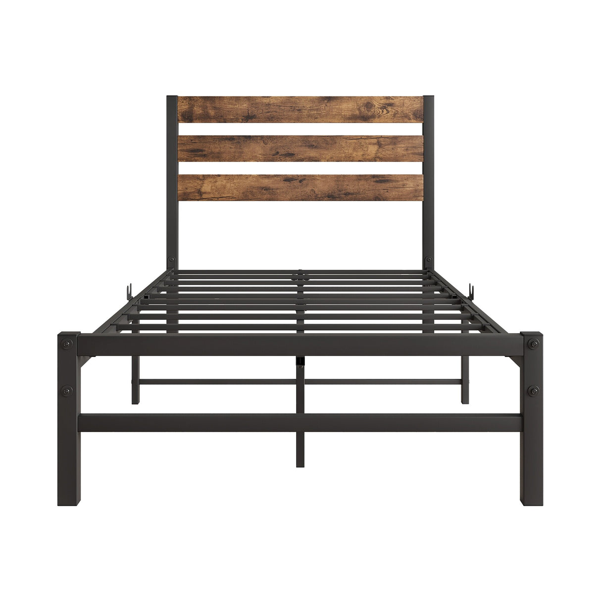 Industrial Queen/Full/Twin Size Platform Bed Frame with Wood Headboard, Strong Metal Slats No Box Spring Needed, Rustic Brown