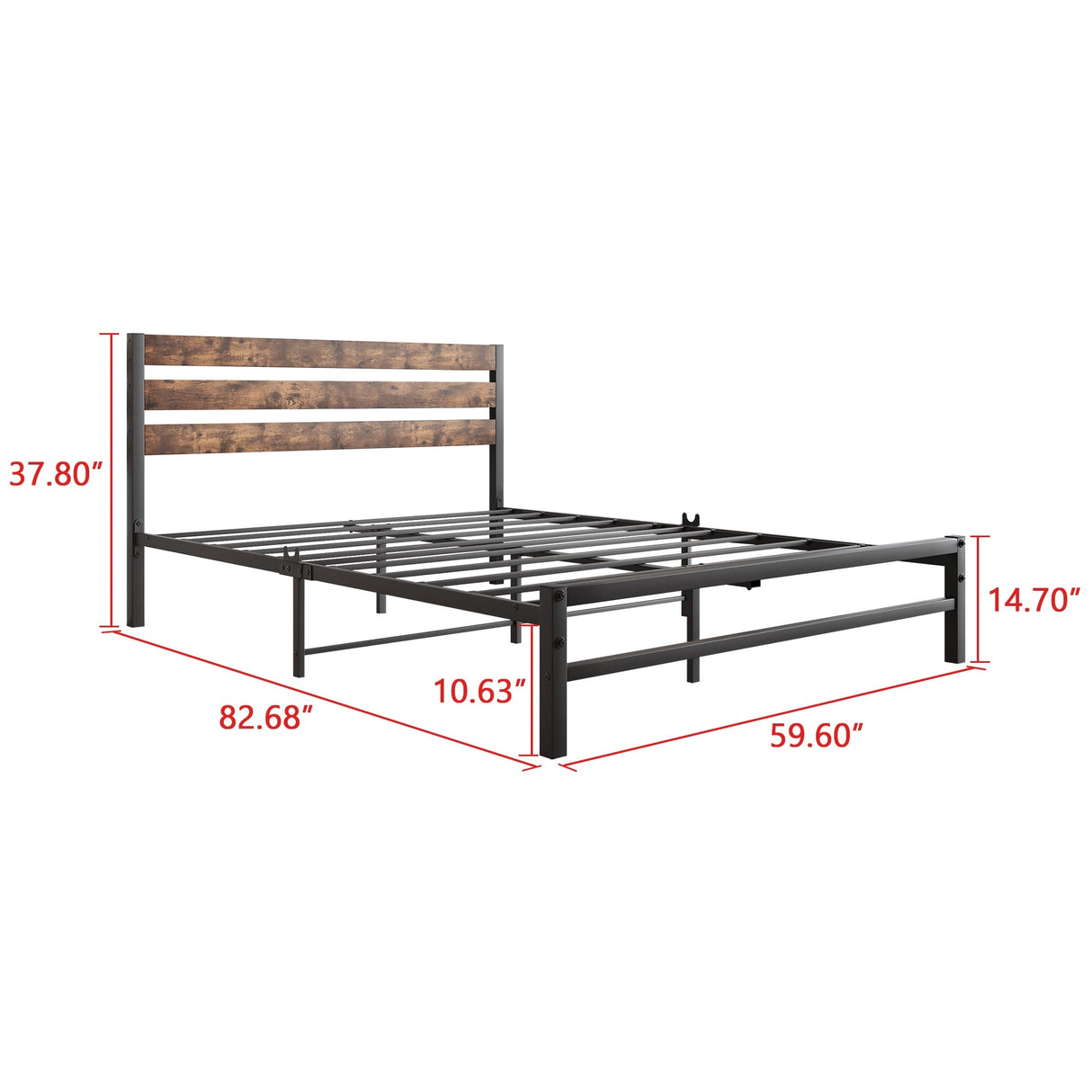 Industrial Queen/Full/Twin Size Platform Bed Frame with Wood Headboard, Strong Metal Slats No Box Spring Needed, Rustic Brown