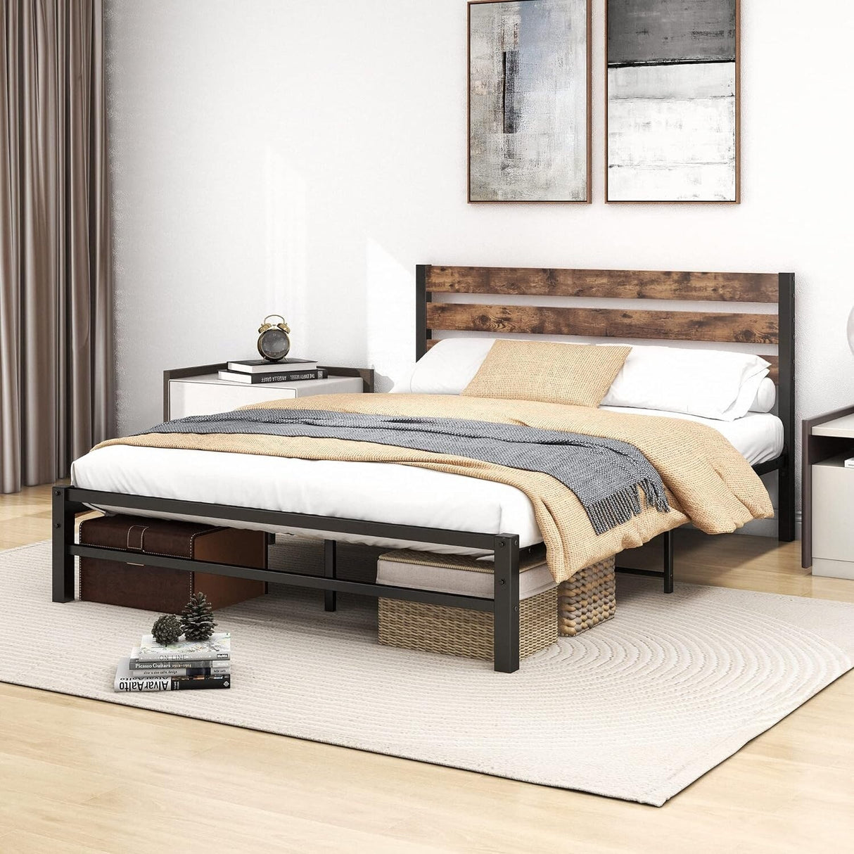 Industrial Queen/Full/Twin Size Platform Bed Frame with Wood Headboard, Strong Metal Slats No Box Spring Needed, Rustic Brown