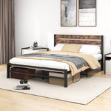 Industrial Queen/Full/Twin Size Platform Bed Frame with Wood Headboard, Strong Metal Slats No Box Spring Needed, Rustic Brown