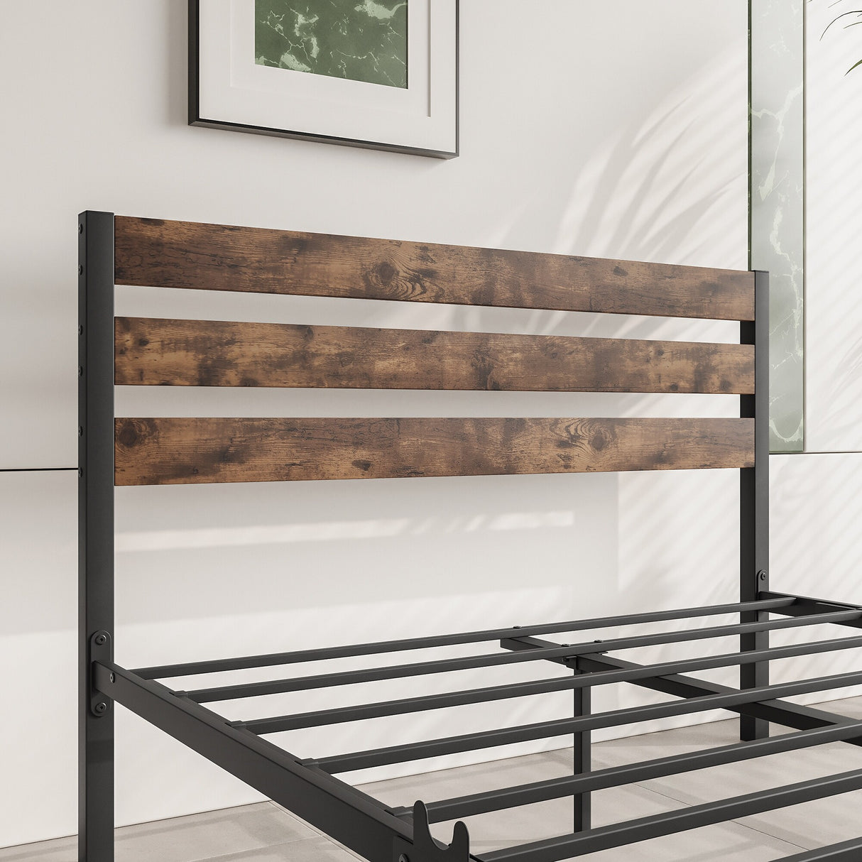Industrial Queen/Full/Twin Size Platform Bed Frame with Wood Headboard, Strong Metal Slats No Box Spring Needed, Rustic Brown