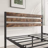 Industrial Queen/Full/Twin Size Platform Bed Frame with Wood Headboard, Strong Metal Slats No Box Spring Needed, Rustic Brown