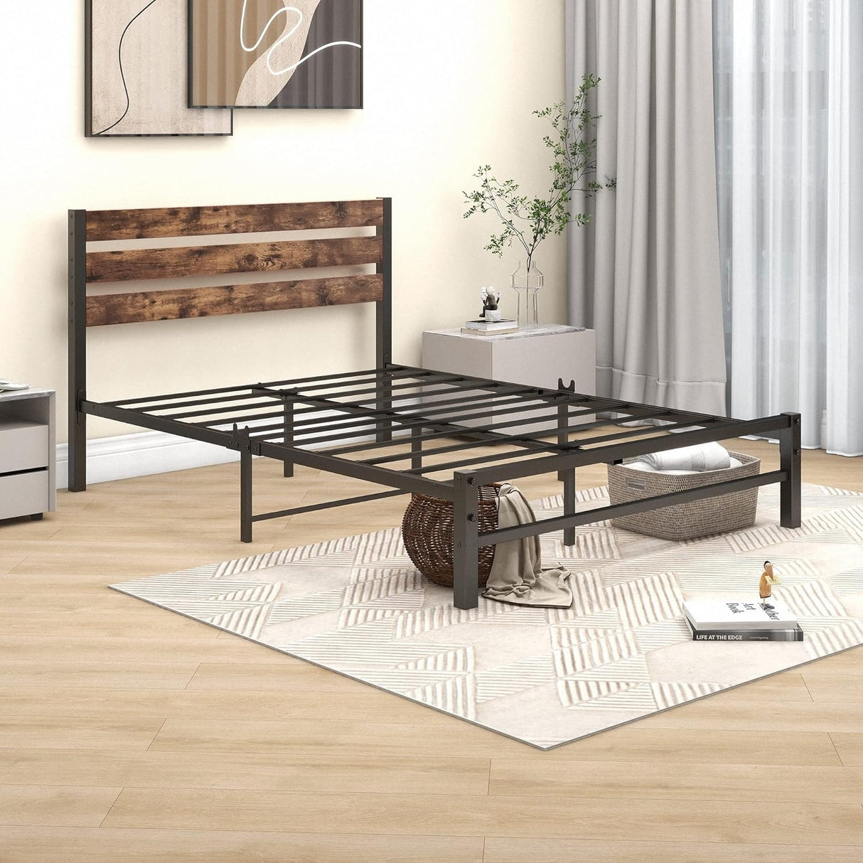 Industrial Queen/Full/Twin Size Platform Bed Frame with Wood Headboard, Strong Metal Slats No Box Spring Needed, Rustic Brown