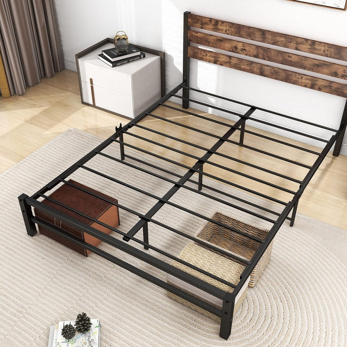 Industrial Queen/Full/Twin Size Platform Bed Frame with Wood Headboard, Strong Metal Slats No Box Spring Needed, Rustic Brown