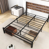 Industrial Queen/Full/Twin Size Platform Bed Frame with Wood Headboard, Strong Metal Slats No Box Spring Needed, Rustic Brown