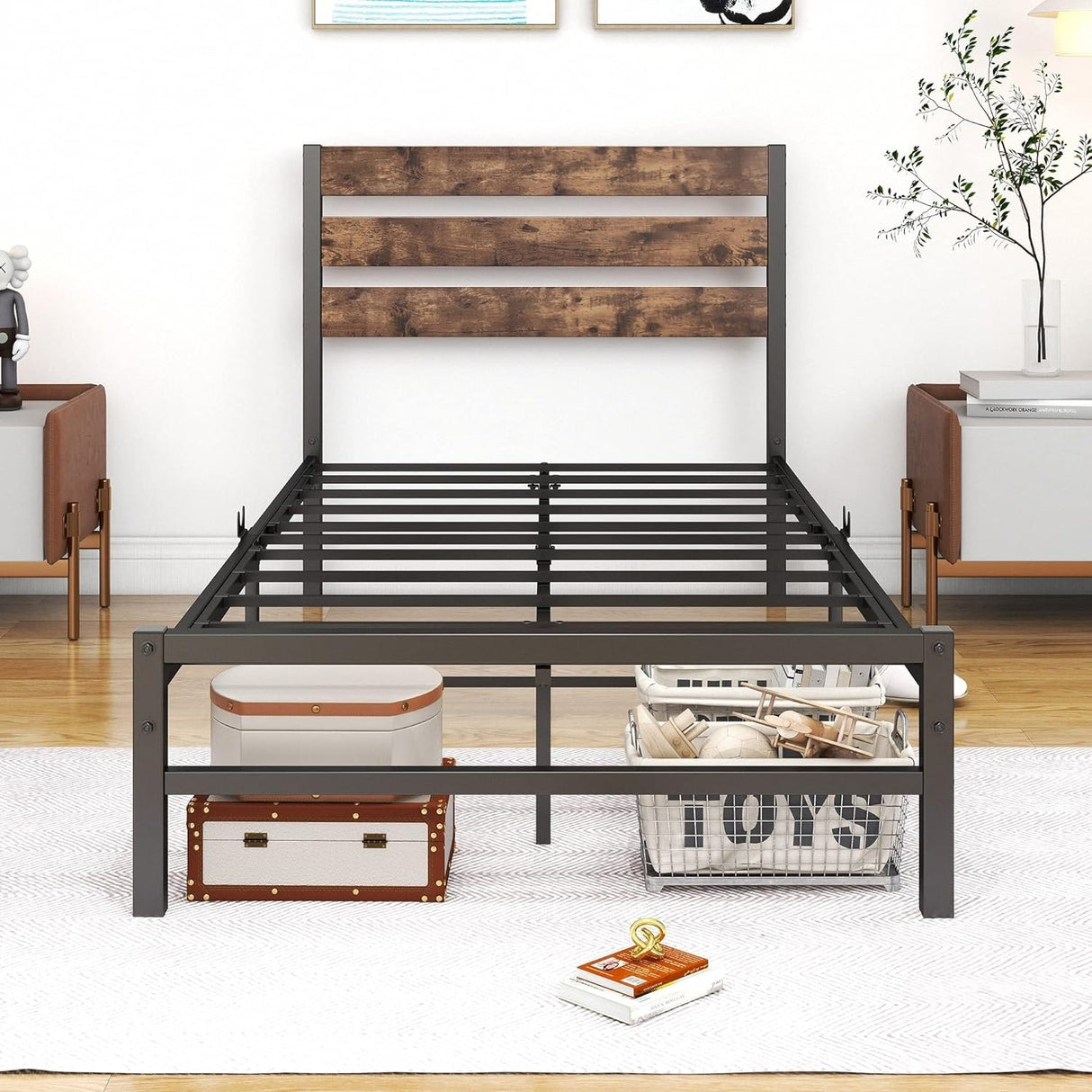 Industrial Queen/Full/Twin Size Platform Bed Frame with Wood Headboard, Strong Metal Slats No Box Spring Needed, Rustic Brown