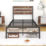 Industrial Queen/Full/Twin Size Platform Bed Frame with Wood Headboard, Strong Metal Slats No Box Spring Needed, Rustic Brown