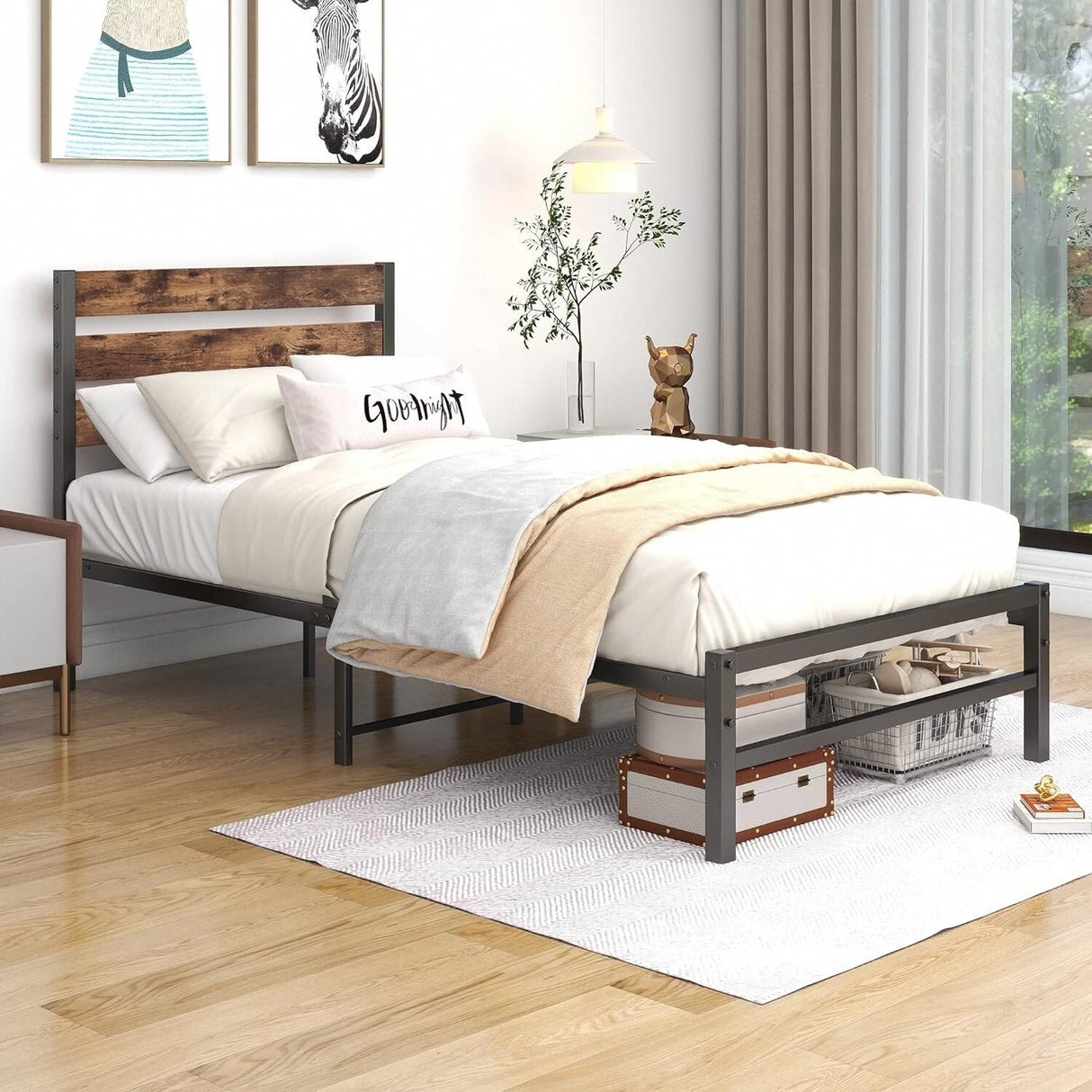 Industrial Queen/Full/Twin Size Platform Bed Frame with Wood Headboard, Strong Metal Slats No Box Spring Needed, Rustic Brown