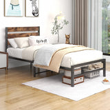 Industrial Queen/Full/Twin Size Platform Bed Frame with Wood Headboard, Strong Metal Slats No Box Spring Needed, Rustic Brown