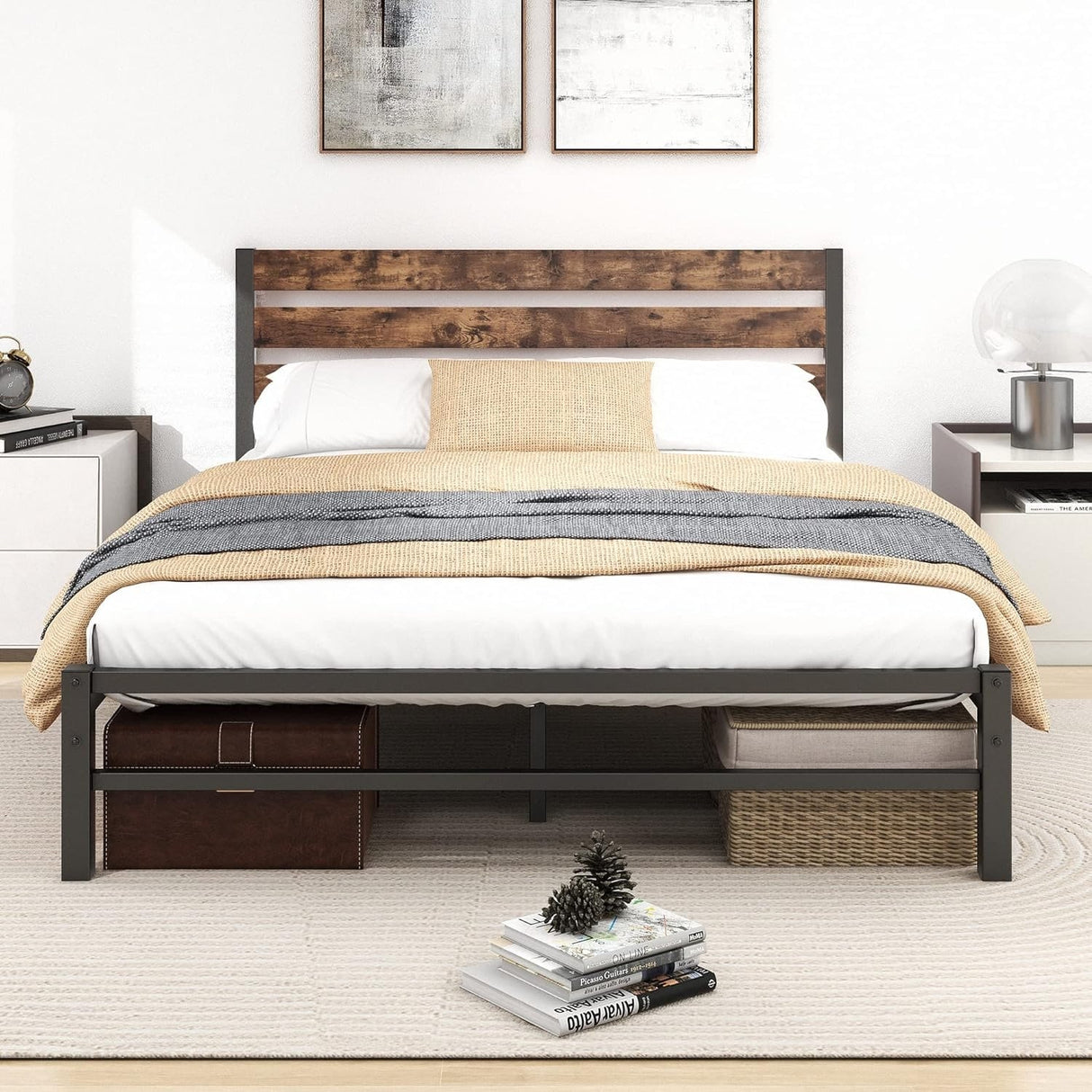 Industrial Queen/Full/Twin Size Platform Bed Frame with Wood Headboard, Strong Metal Slats No Box Spring Needed, Rustic Brown