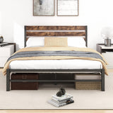 Industrial Queen/Full/Twin Size Platform Bed Frame with Wood Headboard, Strong Metal Slats No Box Spring Needed, Rustic Brown