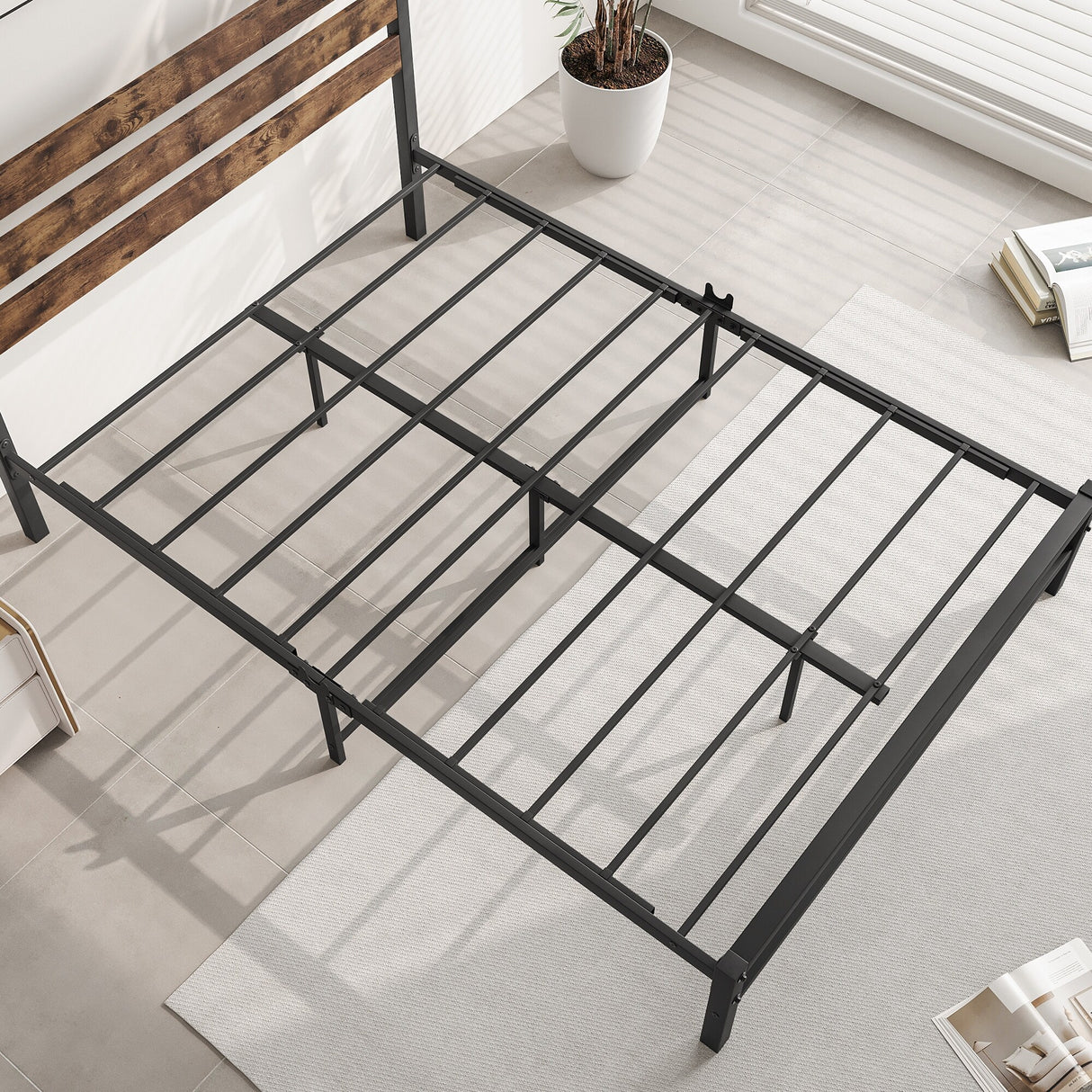 Industrial Queen/Full/Twin Size Platform Bed Frame with Wood Headboard, Strong Metal Slats No Box Spring Needed, Rustic Brown