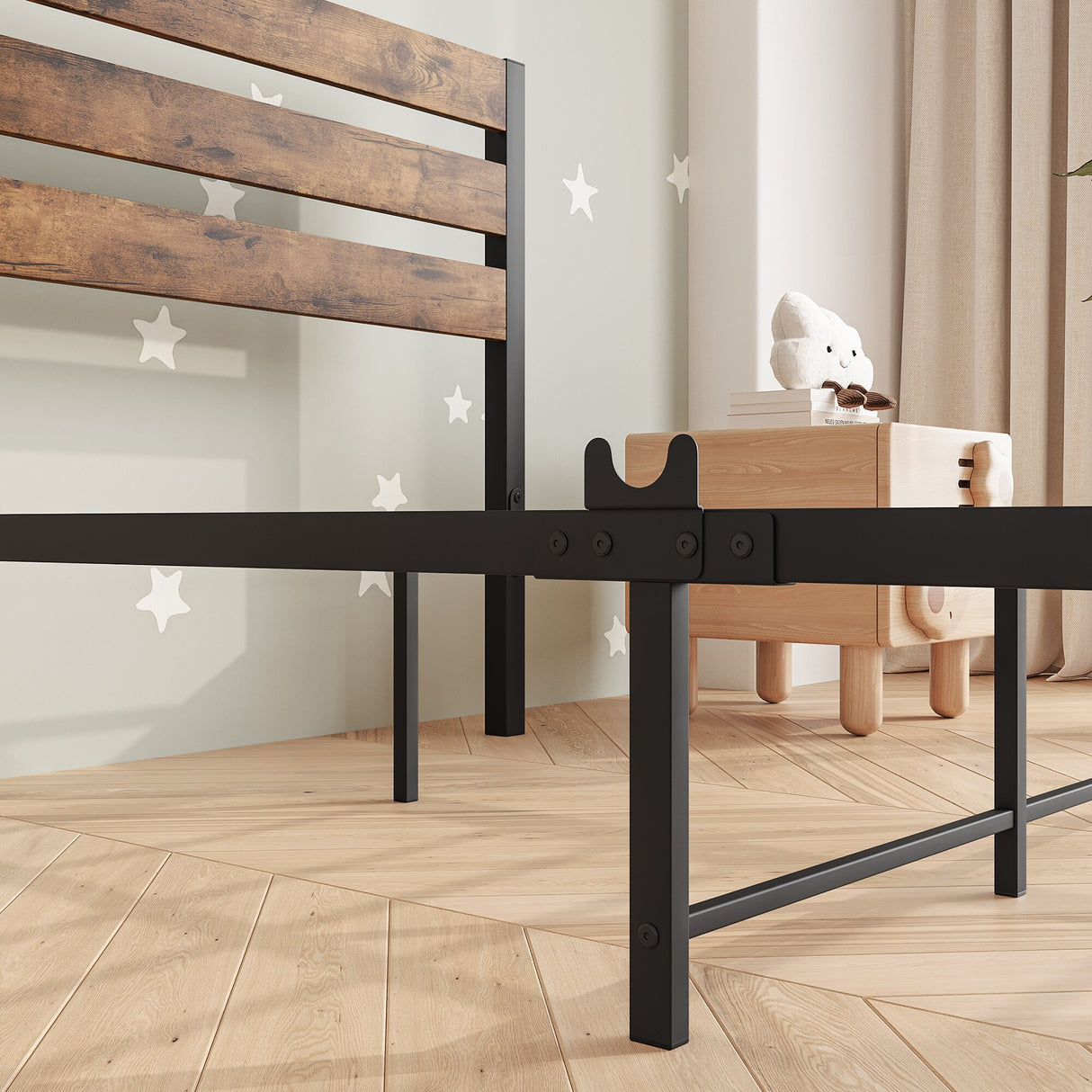 Industrial Queen/Full/Twin Size Platform Bed Frame with Wood Headboard, Strong Metal Slats No Box Spring Needed, Rustic Brown
