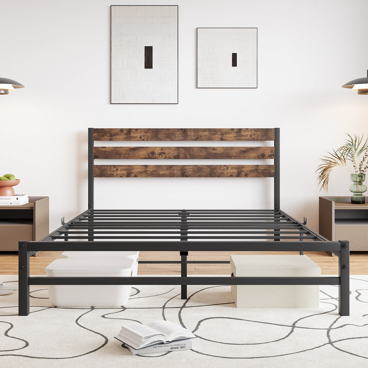 Industrial Queen/Full/Twin Size Platform Bed Frame with Wood Headboard, Strong Metal Slats No Box Spring Needed, Rustic Brown