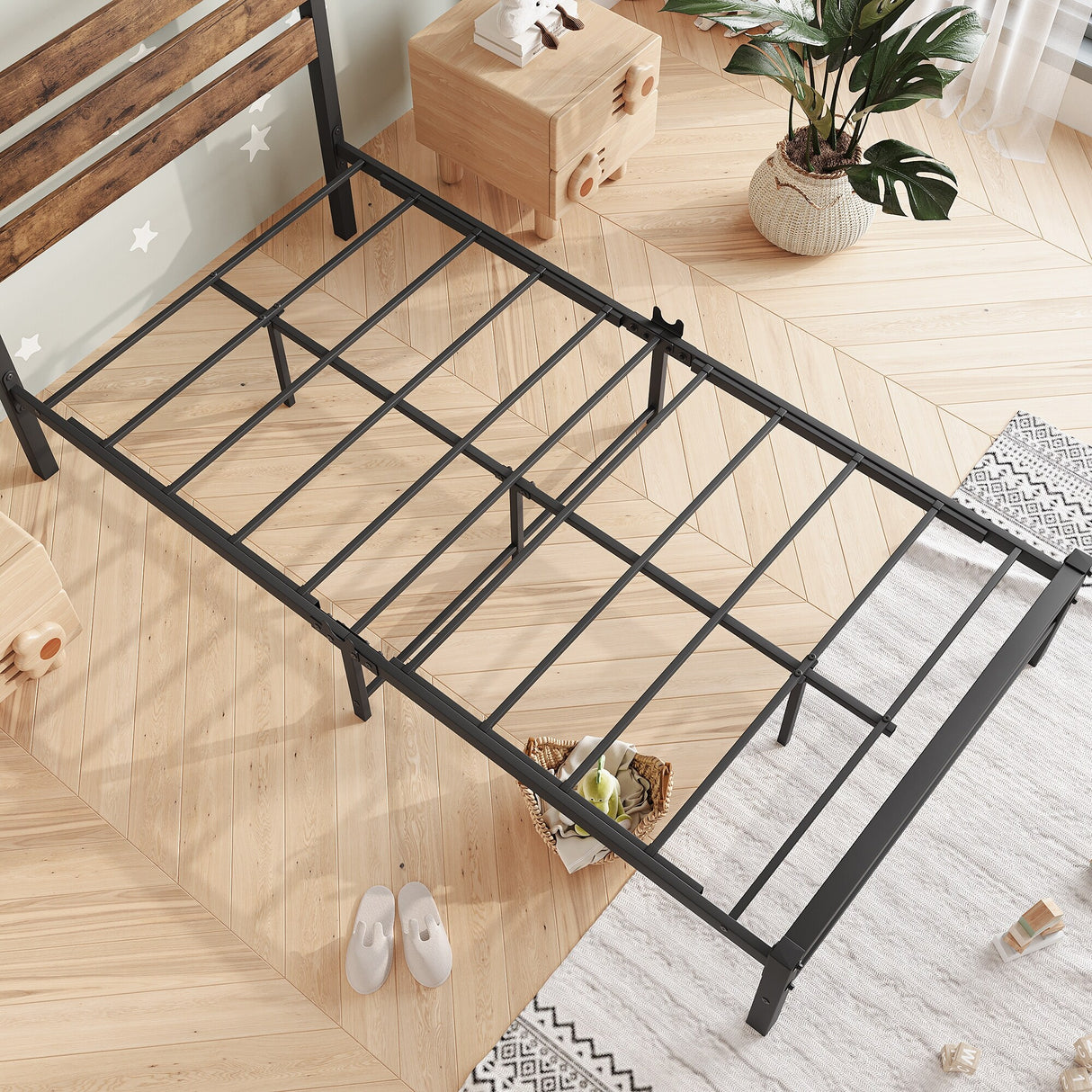Industrial Queen/Full/Twin Size Platform Bed Frame with Wood Headboard, Strong Metal Slats No Box Spring Needed, Rustic Brown
