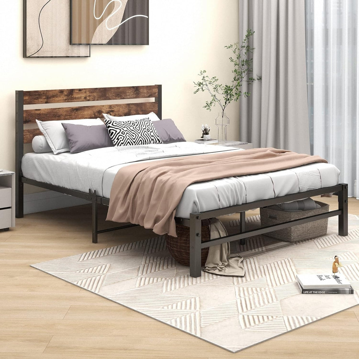 Industrial Queen/Full/Twin Size Platform Bed Frame with Wood Headboard, Strong Metal Slats No Box Spring Needed, Rustic Brown
