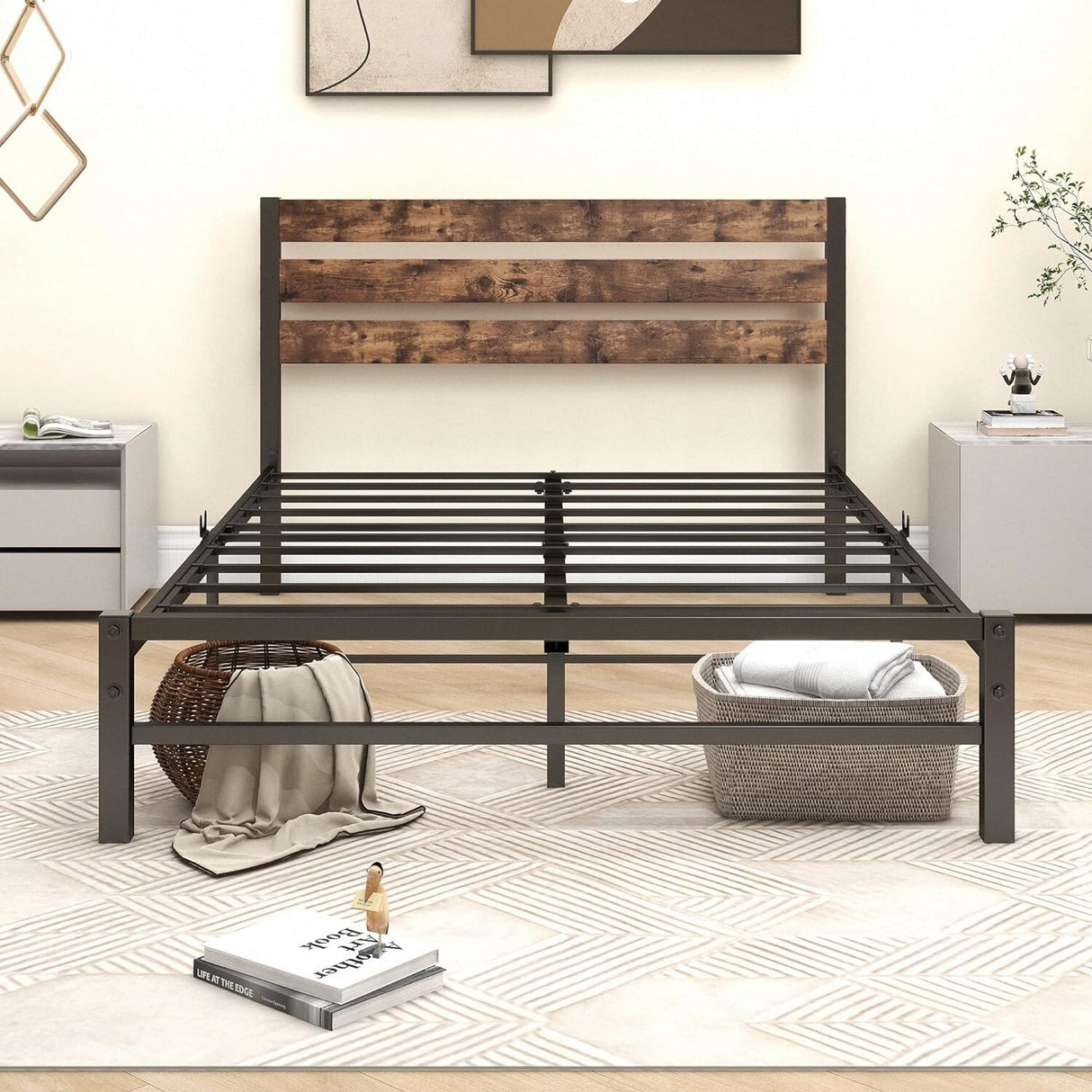 Industrial Queen/Full/Twin Size Platform Bed Frame with Wood Headboard, Strong Metal Slats No Box Spring Needed, Rustic Brown