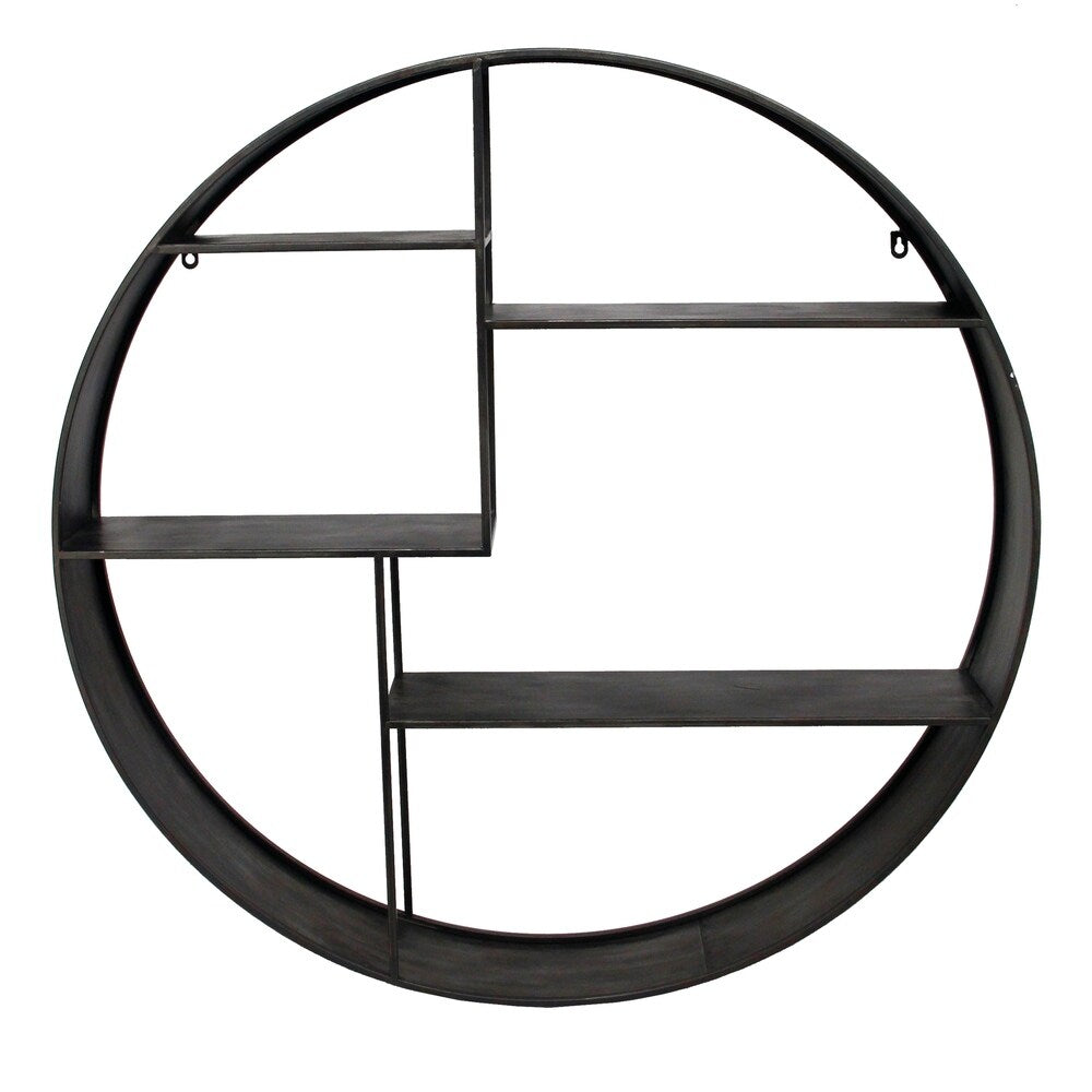 Industrial Round Metal Wall Shelf with 4 Display Space, Gray