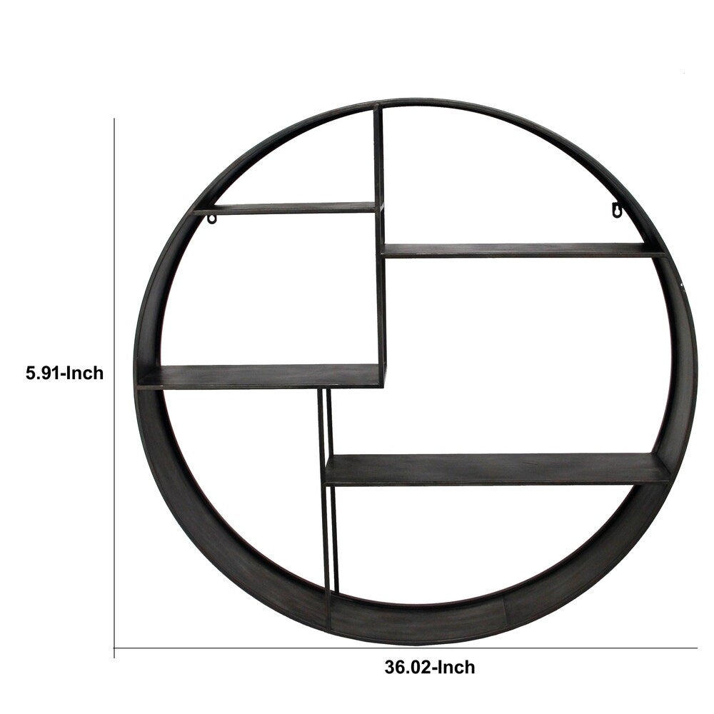 Industrial Round Metal Wall Shelf with 4 Display Space, Gray
