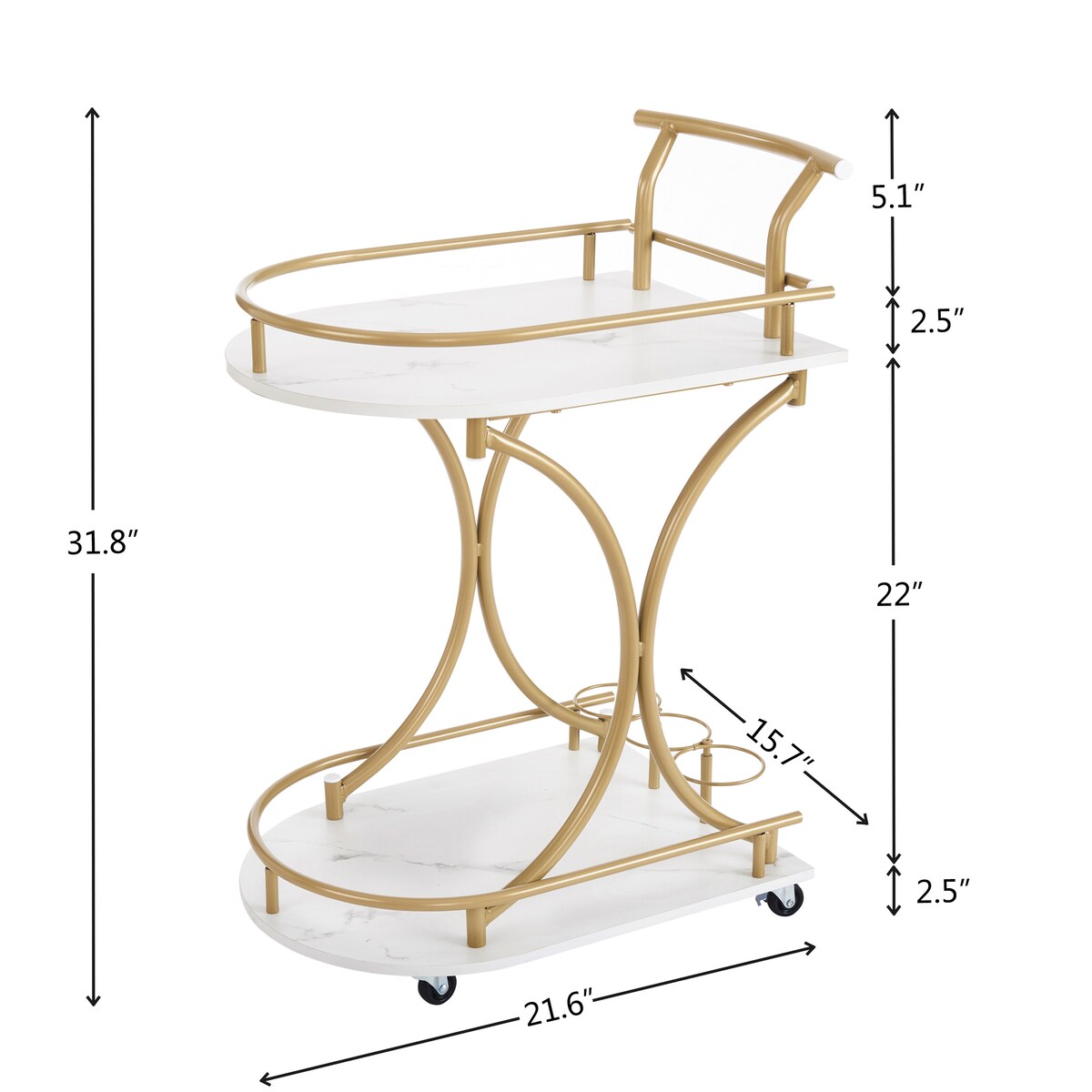 Industrial Style 2-Tier Bar Cart Gold Frame Faux Marble Wood Panels Wine Rack & Glass Holder Mobile Serving Cart