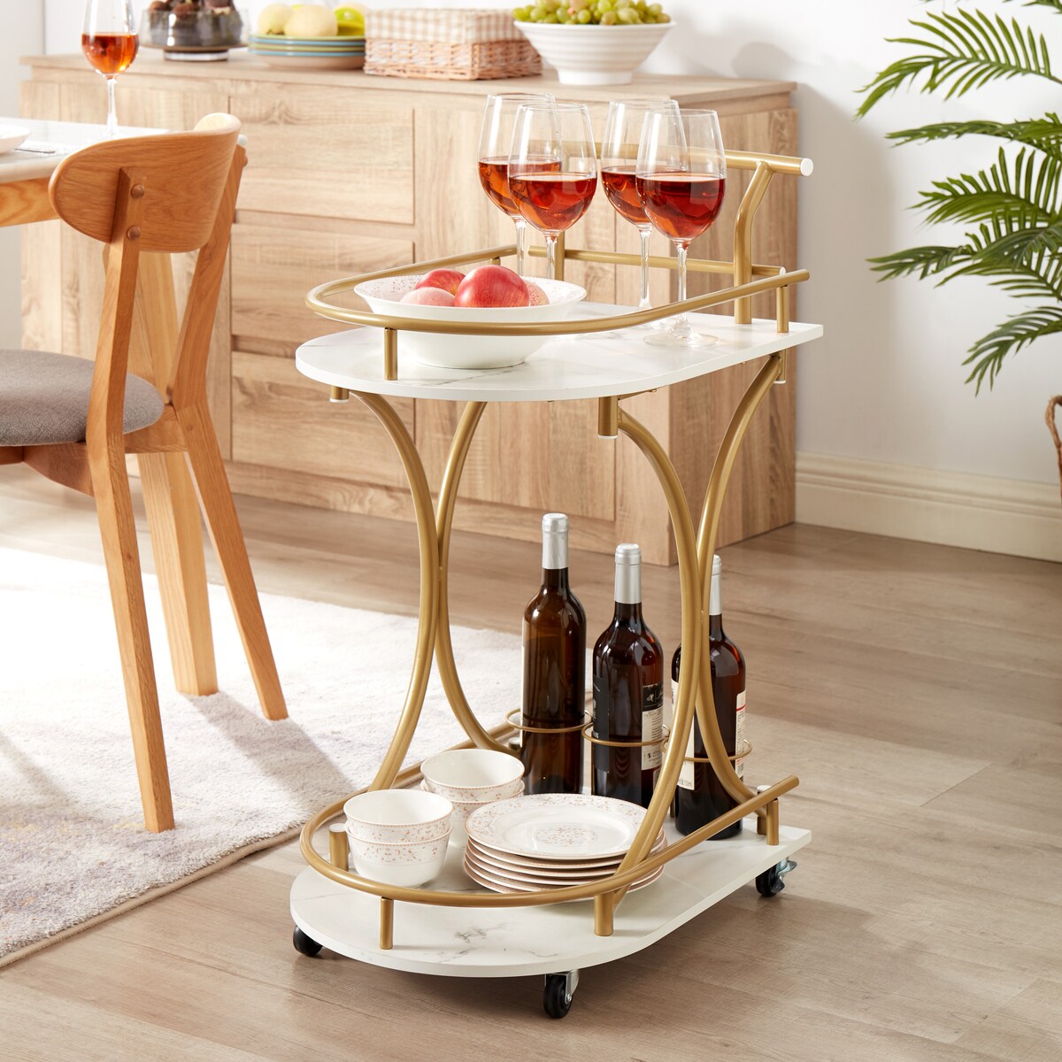 Industrial Style 2-Tier Bar Cart Gold Frame Faux Marble Wood Panels Wine Rack & Glass Holder Mobile Serving Cart