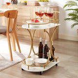 Industrial Style 2-Tier Bar Cart Gold Frame Faux Marble Wood Panels Wine Rack & Glass Holder Mobile Serving Cart