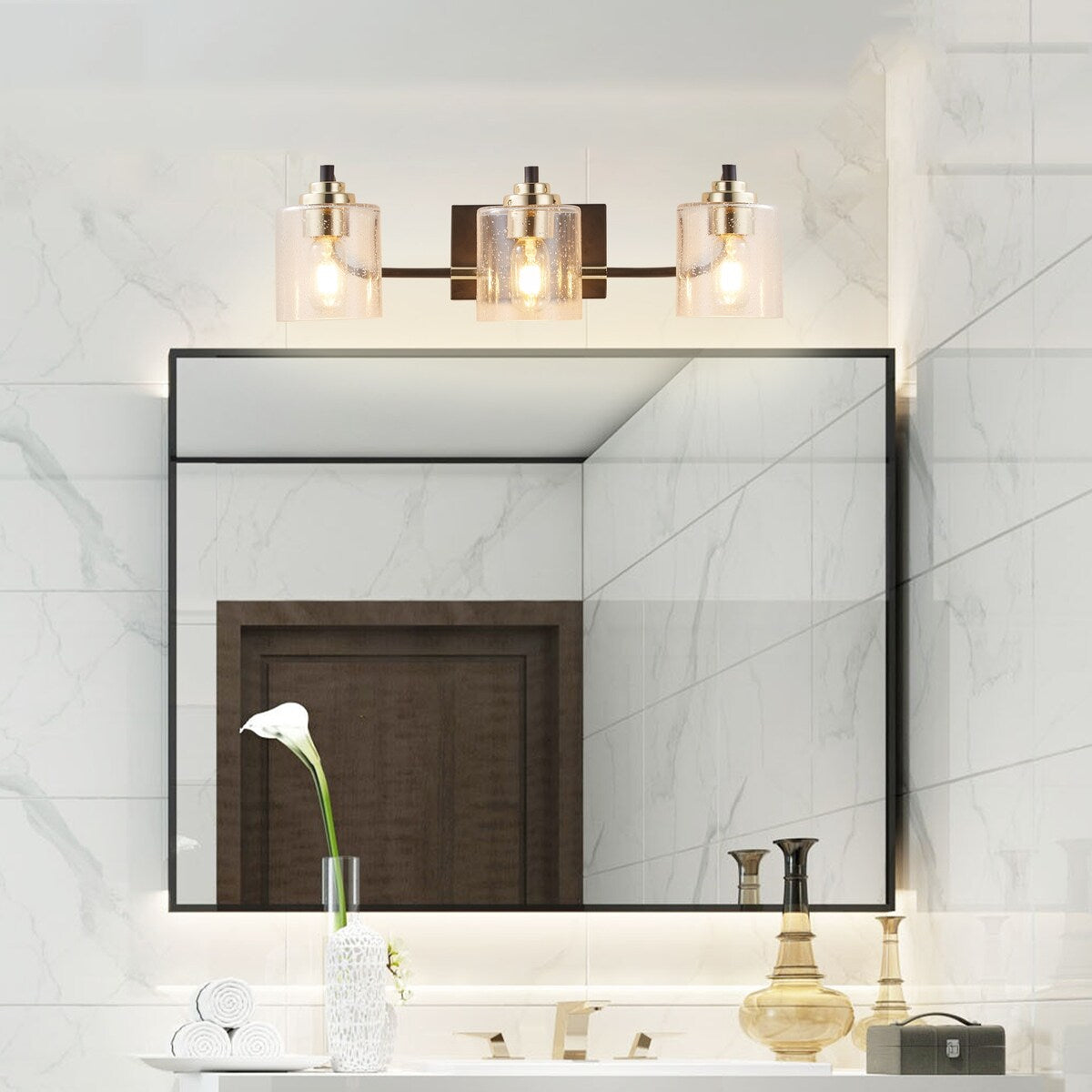 3-Light Crystal Wall Sconce Light, Modern Vanity Bathroom Light in Black with Glass Shades - 22.63