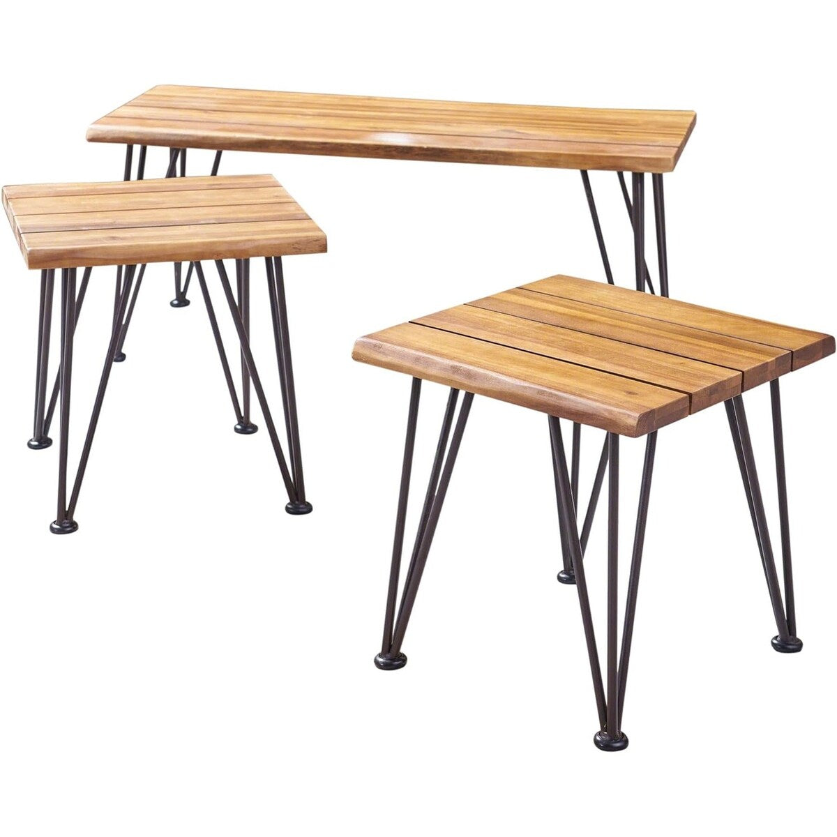 Industrial Wood and Metal Coffee Table with Two Accent Tables, Rustic Acacia Wood and Iron Frame, for Patio and Living Room
