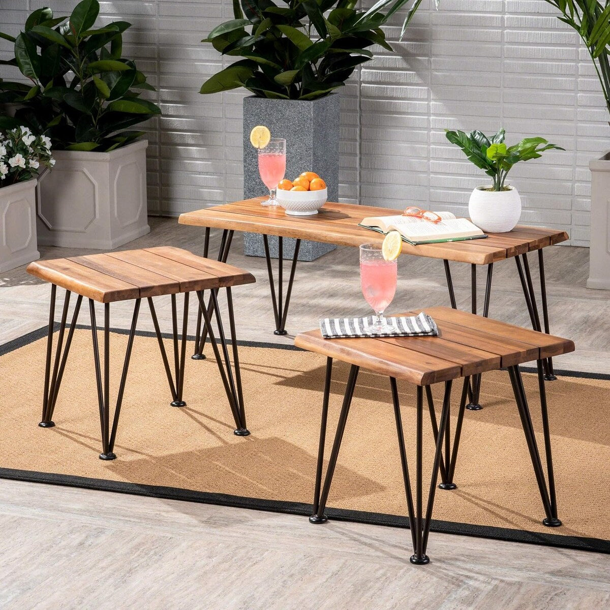 Industrial Wood and Metal Coffee Table with Two Accent Tables, Rustic Acacia Wood and Iron Frame, for Patio and Living Room