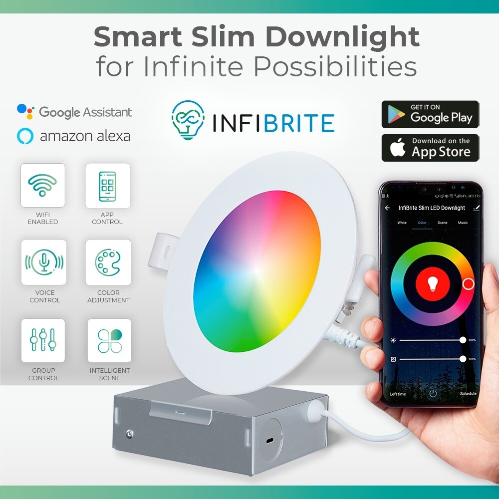 Infibrite 4 Inch Wifi Smart Ultra-Slim LED Ceiling Mount Recessed Light 9W 810LM Dimmable Retrofit with Junction Box (6 Pack)