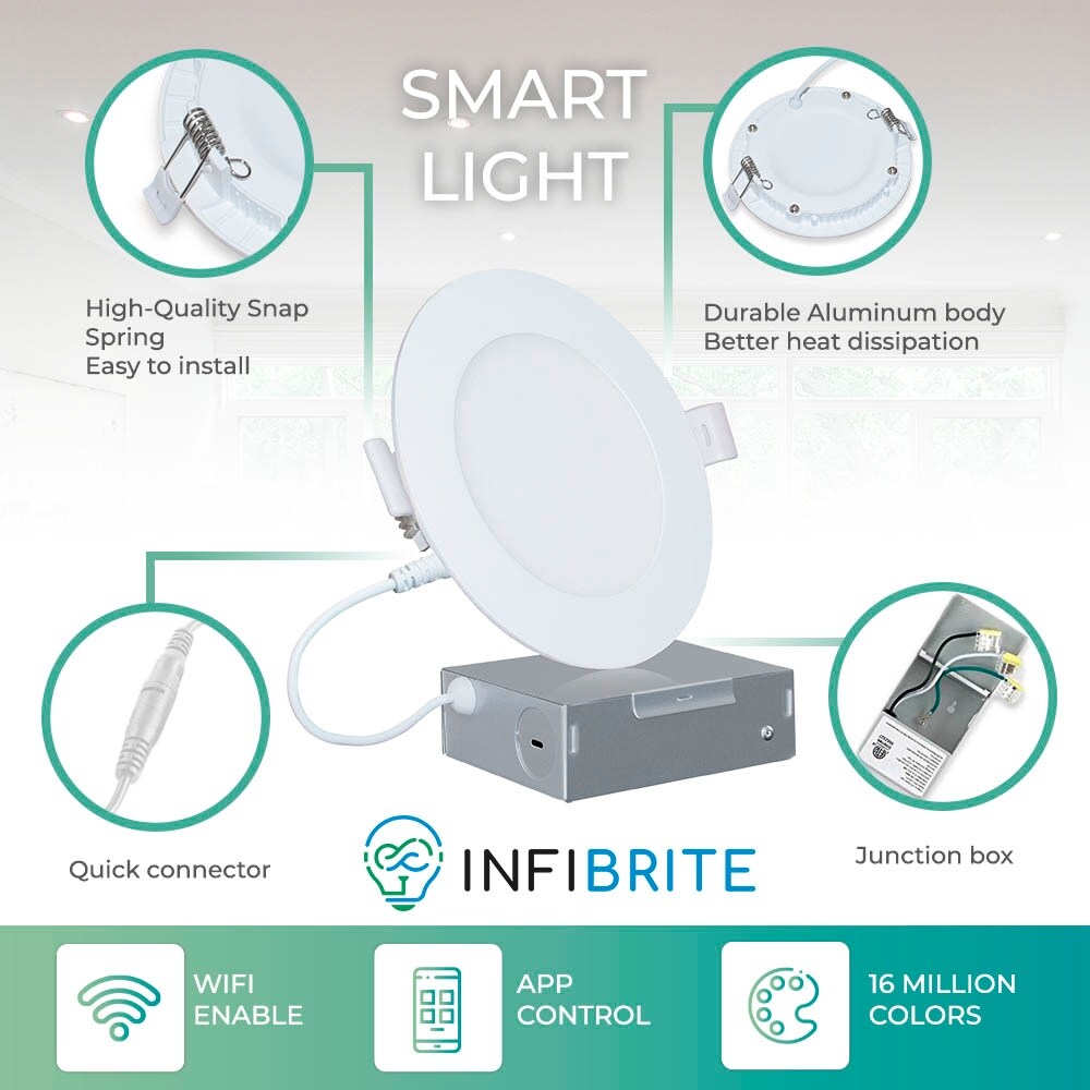 Infibrite 4 Inch Wifi Smart Ultra-Slim LED Ceiling Mount Recessed Light 9W 810LM Dimmable Retrofit with Junction Box (6 Pack)