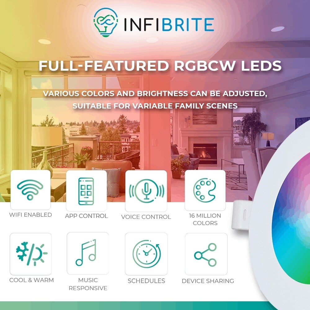 Infibrite 4 Inch Wifi Smart Ultra-Slim LED Ceiling Mount Recessed Light 9W 810LM Dimmable Retrofit with Junction Box (6 Pack)