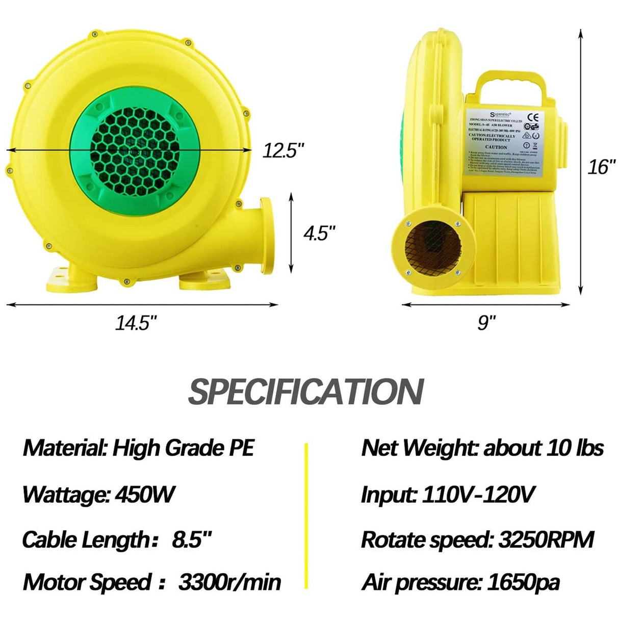 Inflatable Blower 450 Watt Bounce House Air Blower for Inflatable Castle and Jump Slides, Portable Blower Fan Pump