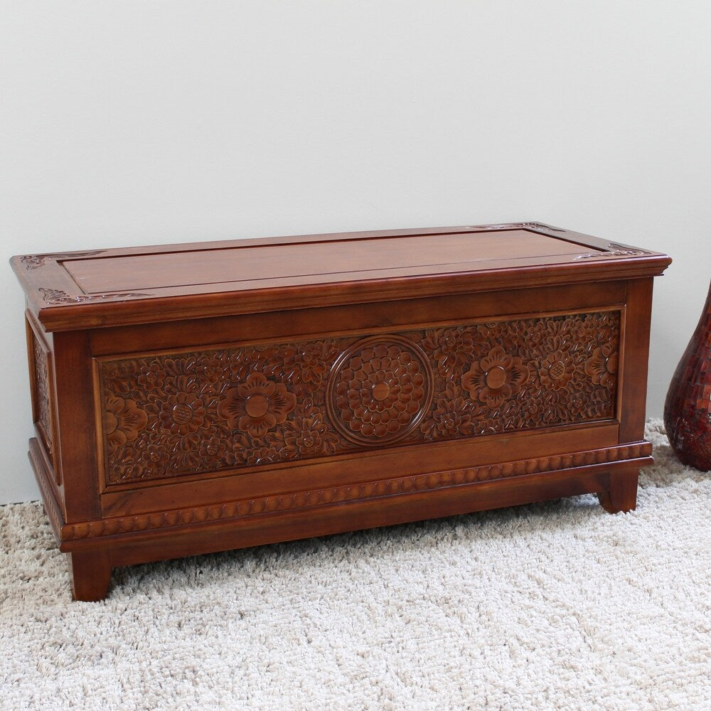 Windsor Carved Wood Trunk Bench