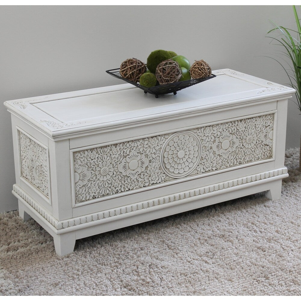 Windsor Carved Wood Trunk Bench