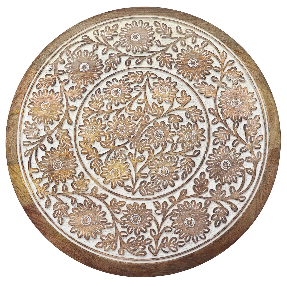 Intricately Carved Round Top Mango Wood Side End Table with Pedestal Base, Brown and White